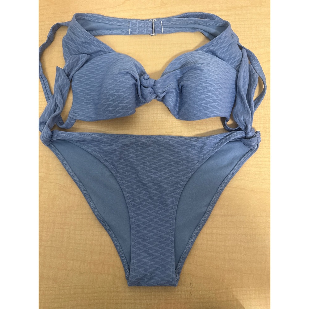 HM Blue Textured Chevron Bikini Set Padded Underwire Top 34B Bottoms US 8